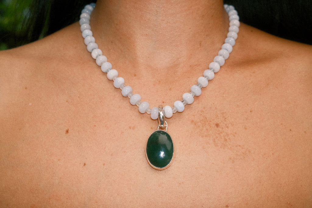 Aquamarine Beaded Necklace with Jade Pendant