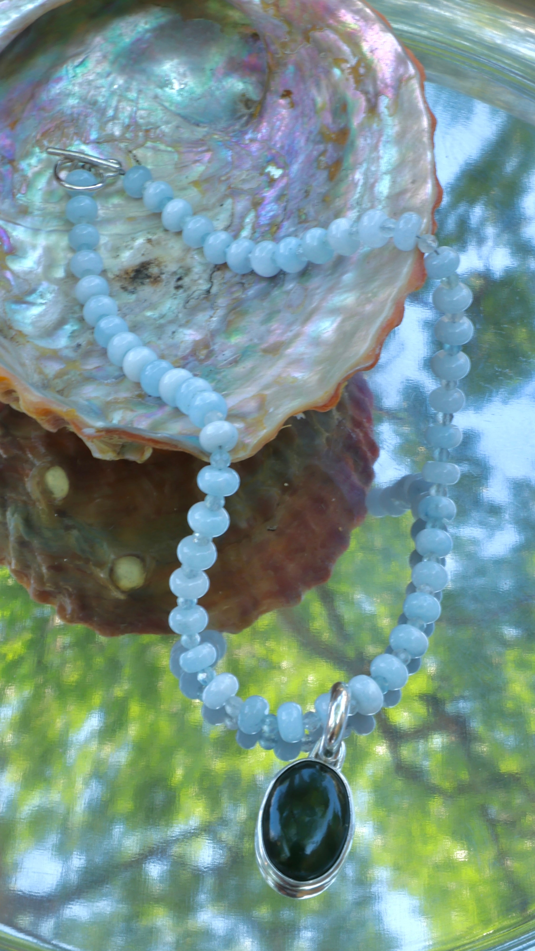 Aquamarine Beaded Necklace with Jade Pendant