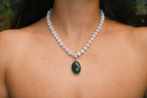 Aquamarine Beaded Necklace with Jade Pendant