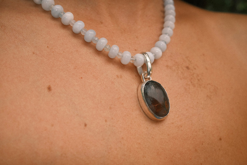 Aquamarine Beaded Necklace with Tigers Eye Pendant