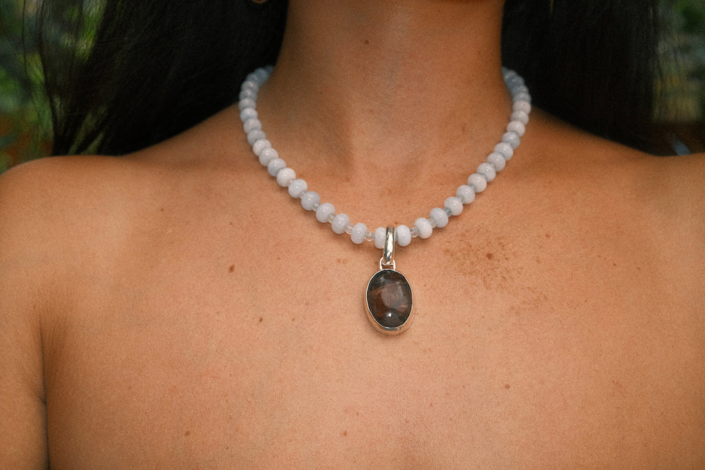 Aquamarine Beaded Necklace with Tigers Eye Pendant