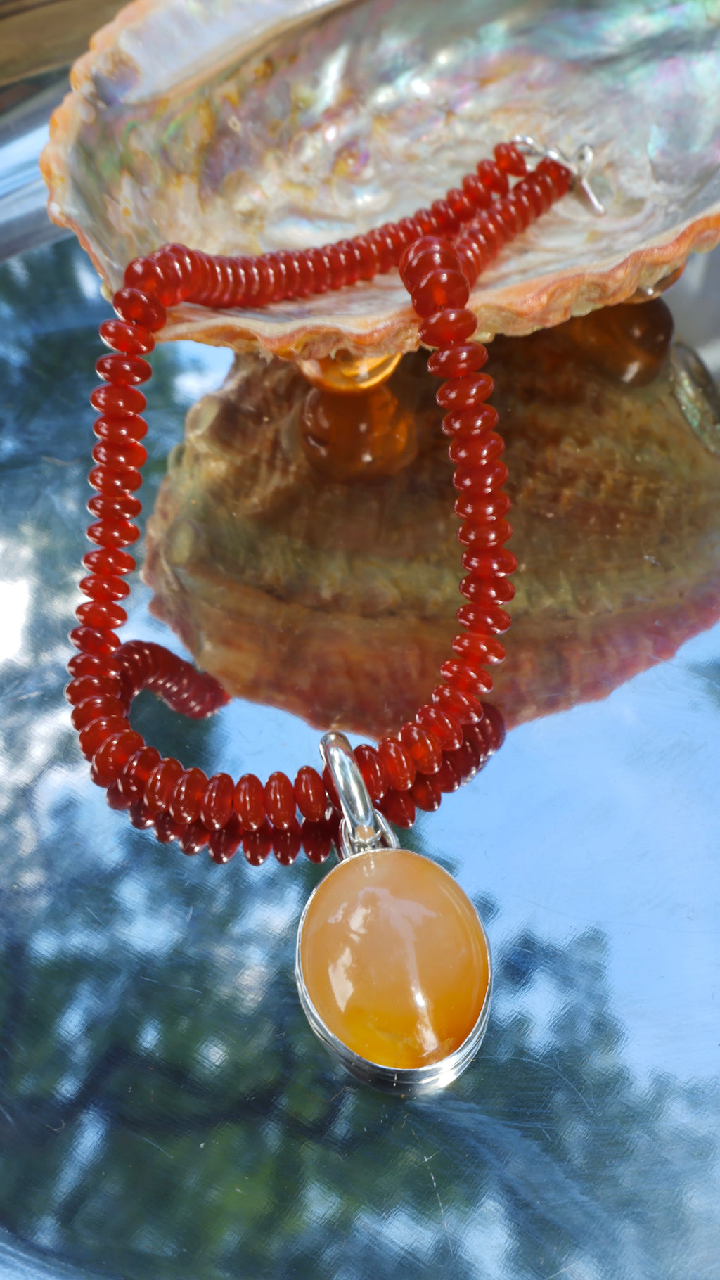 Carnelian Beaded Necklace with Large Yellow Agate Pendant