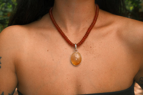 Carnelian Beaded Necklace with Large Yellow Agate Pendant