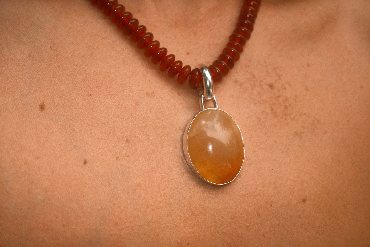 Carnelian Beaded Necklace with Large Yellow Agate Pendant