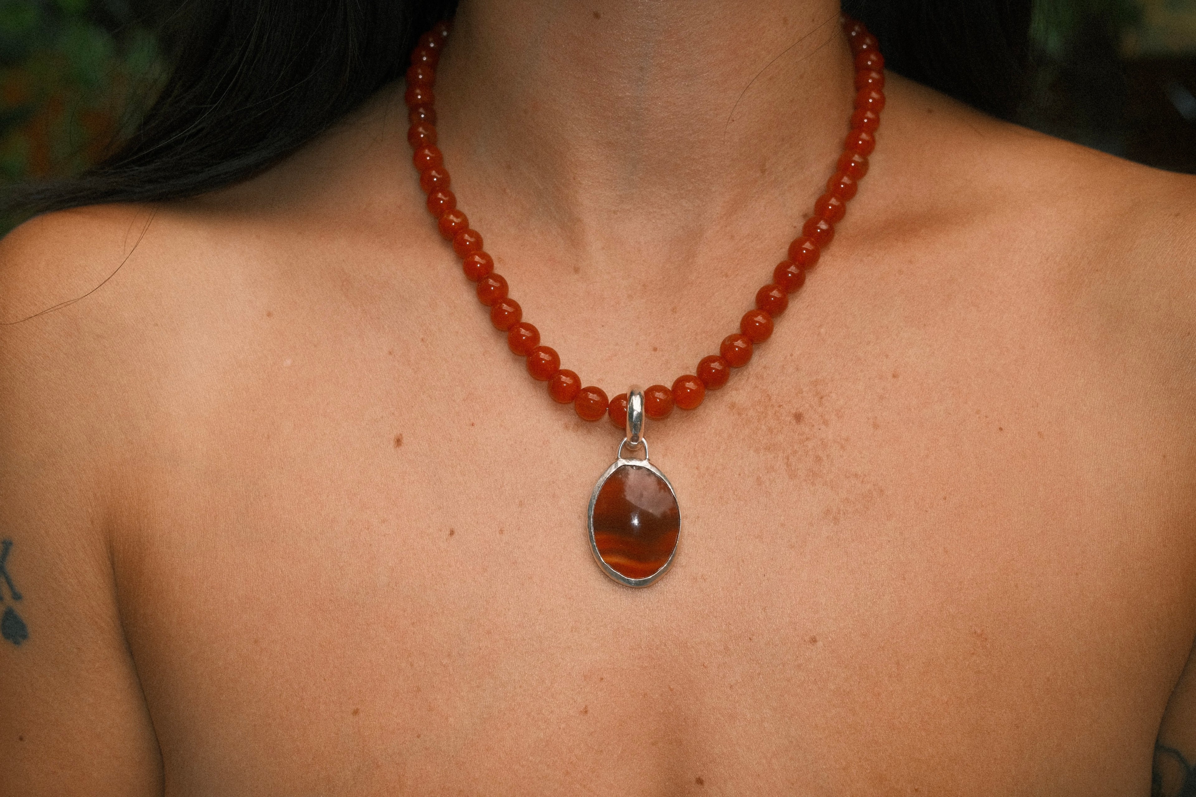Carnelian Beaded Necklace with Red Agate Pendant