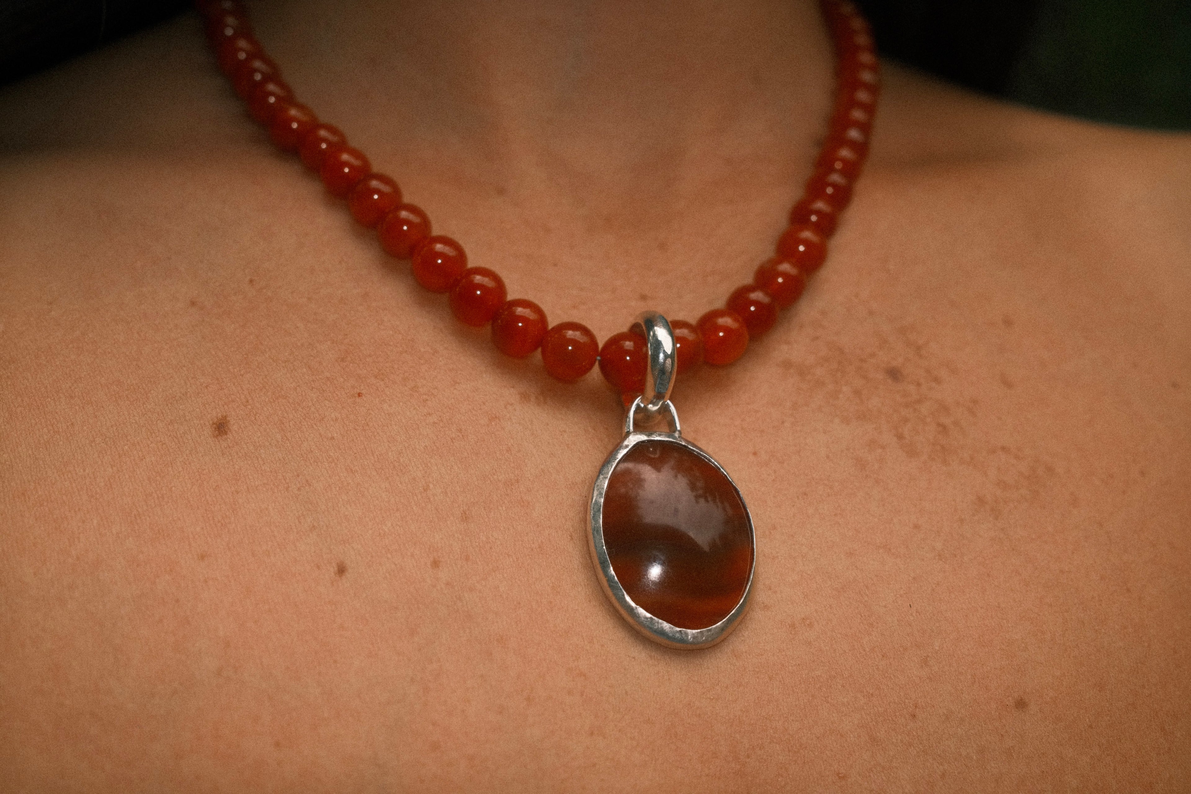 Carnelian Beaded Necklace with Red Agate Pendant