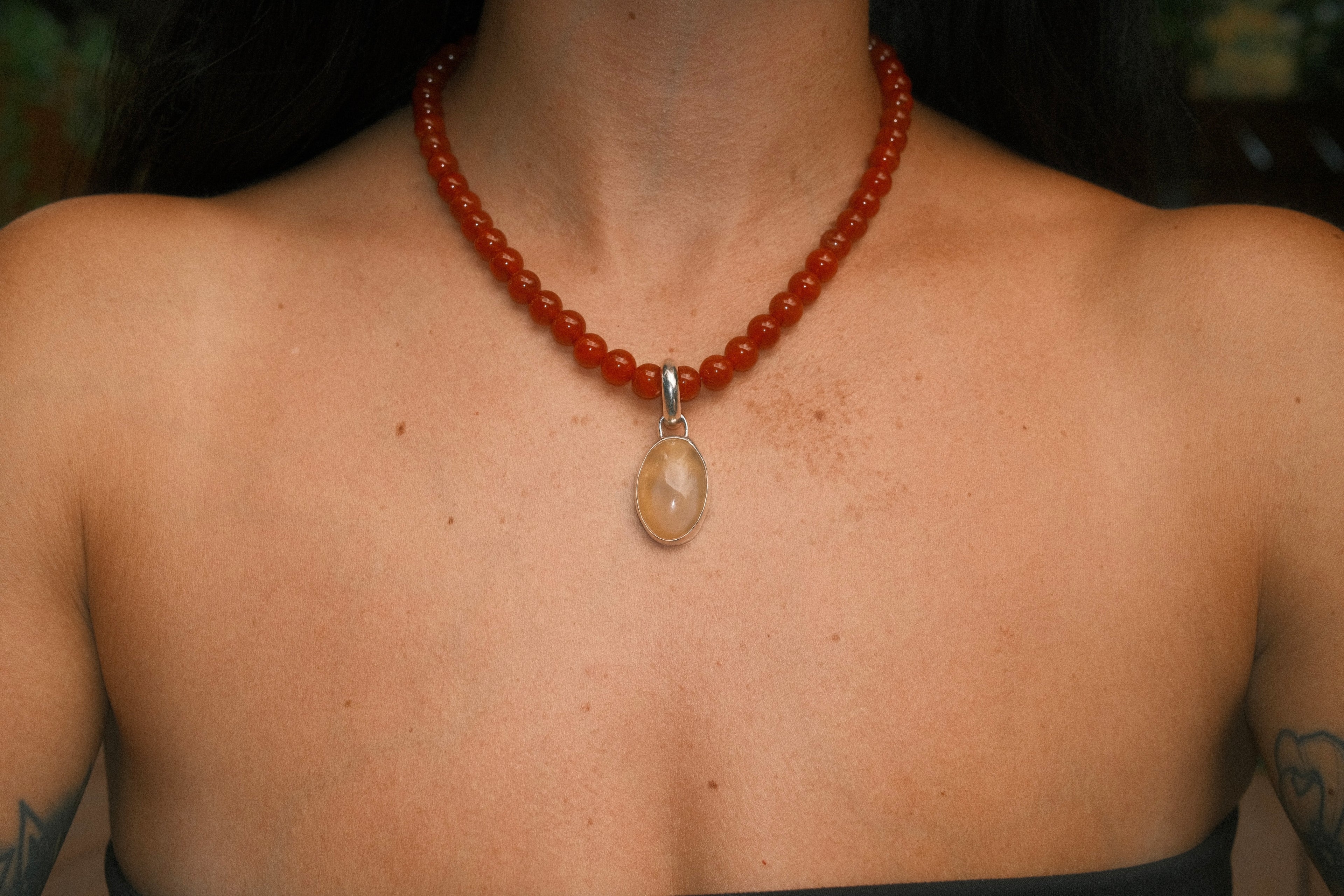 Carnelian Beaded Necklace with Yellow Agate Pendant