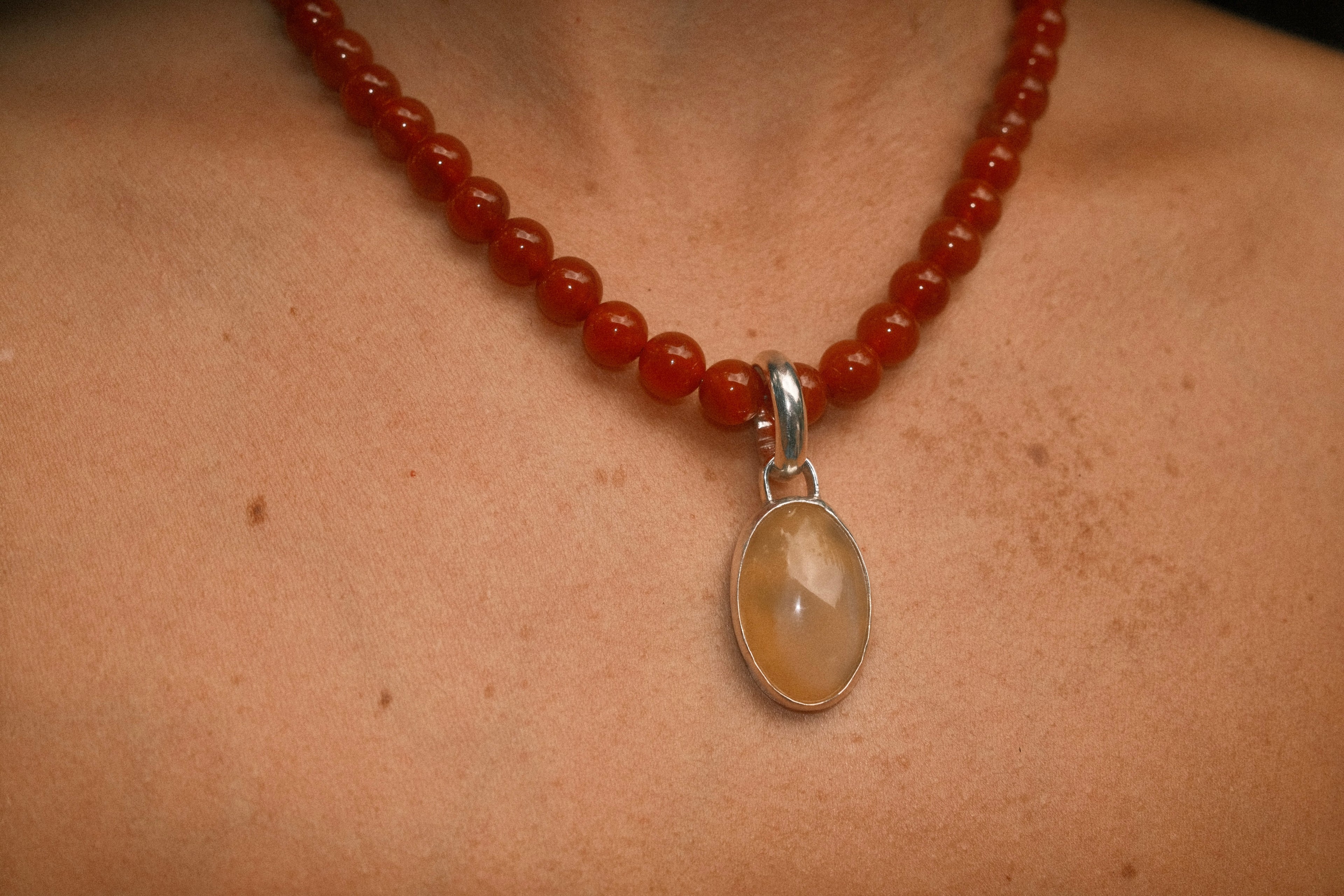 Carnelian Beaded Necklace with Yellow Agate Pendant