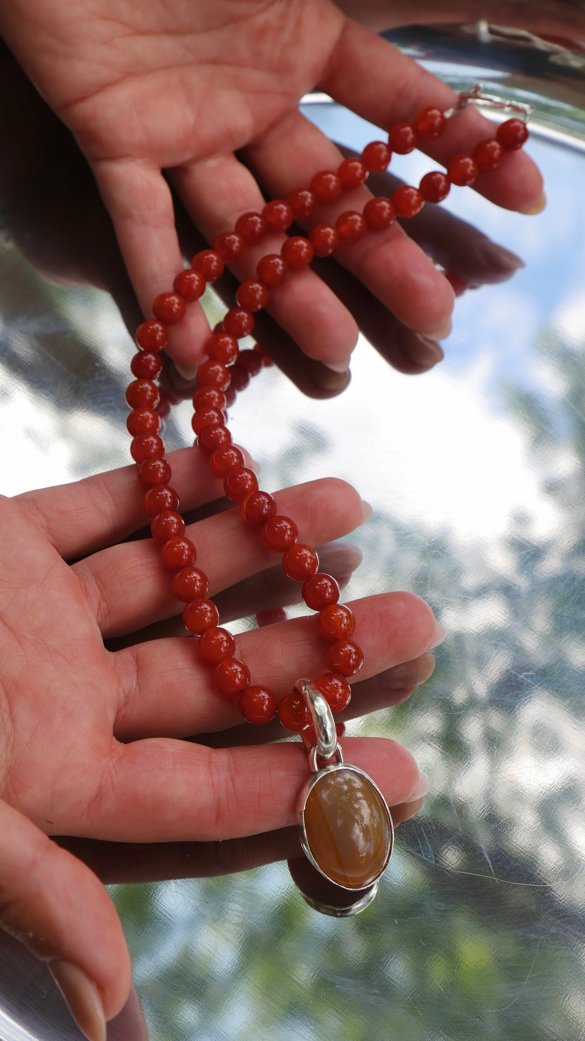 Carnelian Beaded Necklace with Yellow Agate Pendant