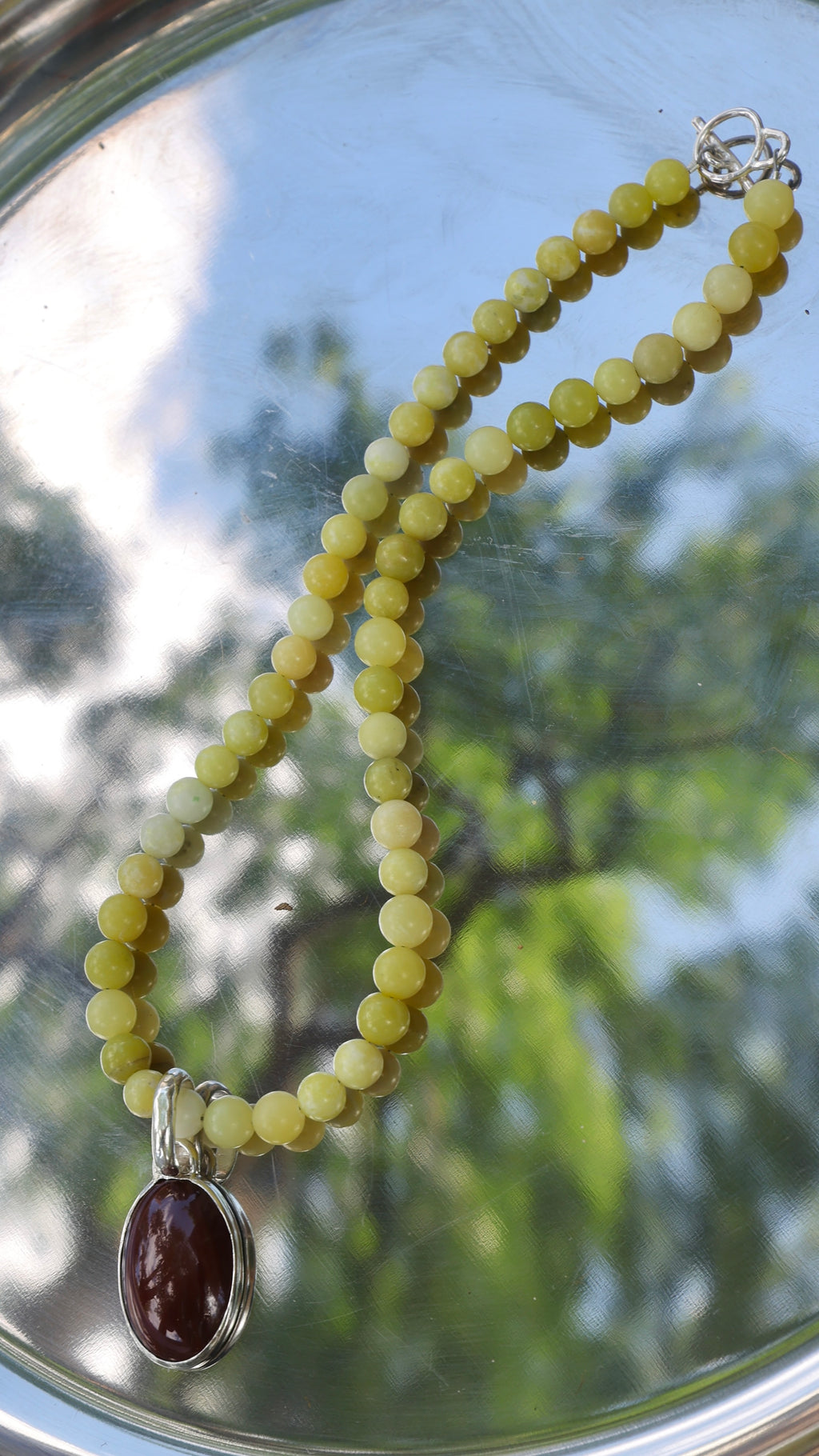 Jade Beaded Necklace with Red Agate Pendant