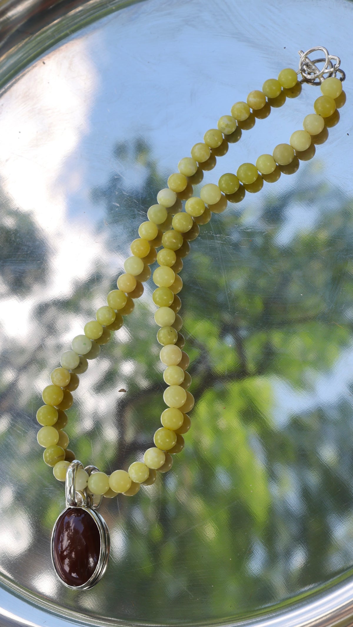 Jade Beaded Necklace with Red Agate Pendant