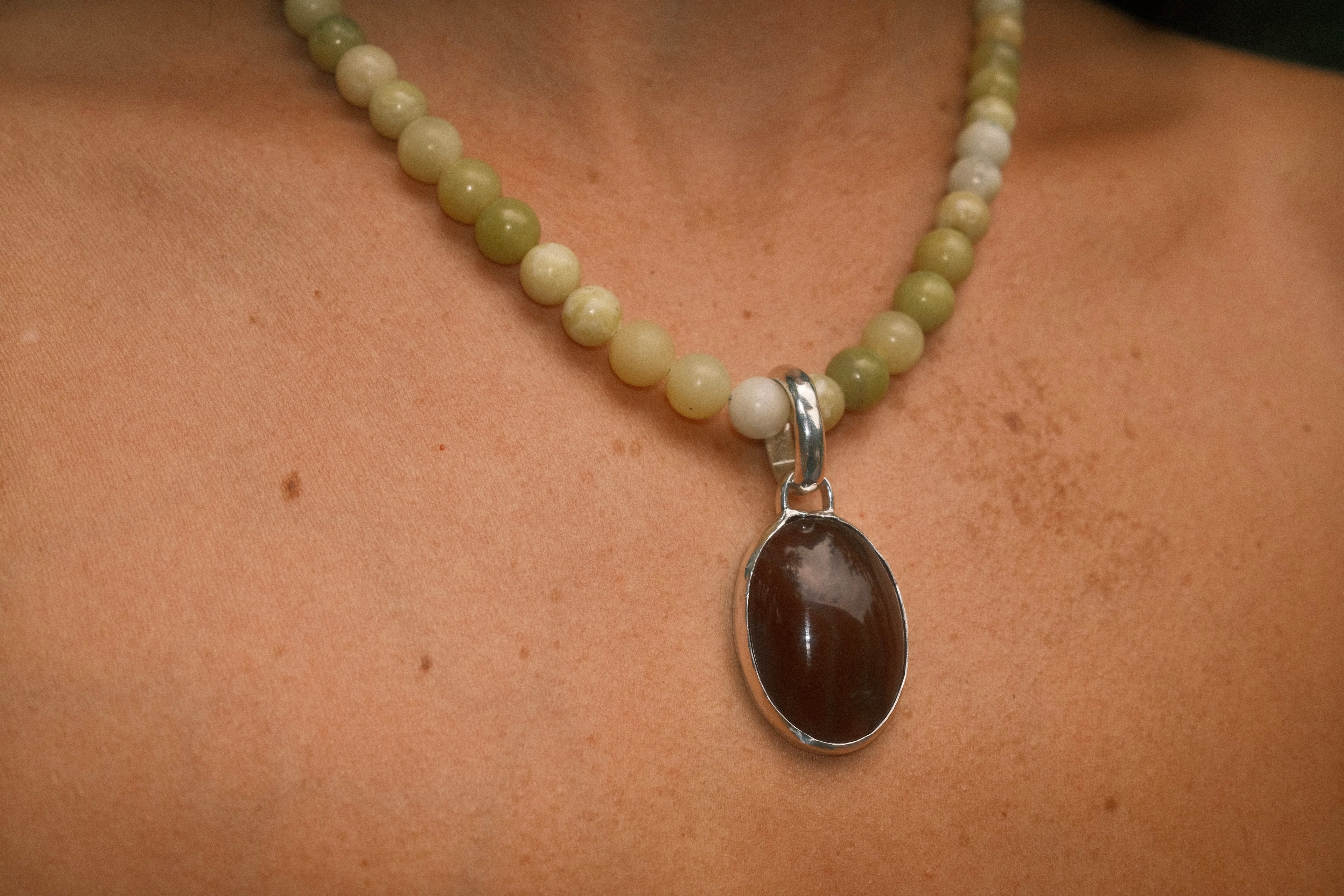 Jade Beaded Necklace with Red Agate Pendant