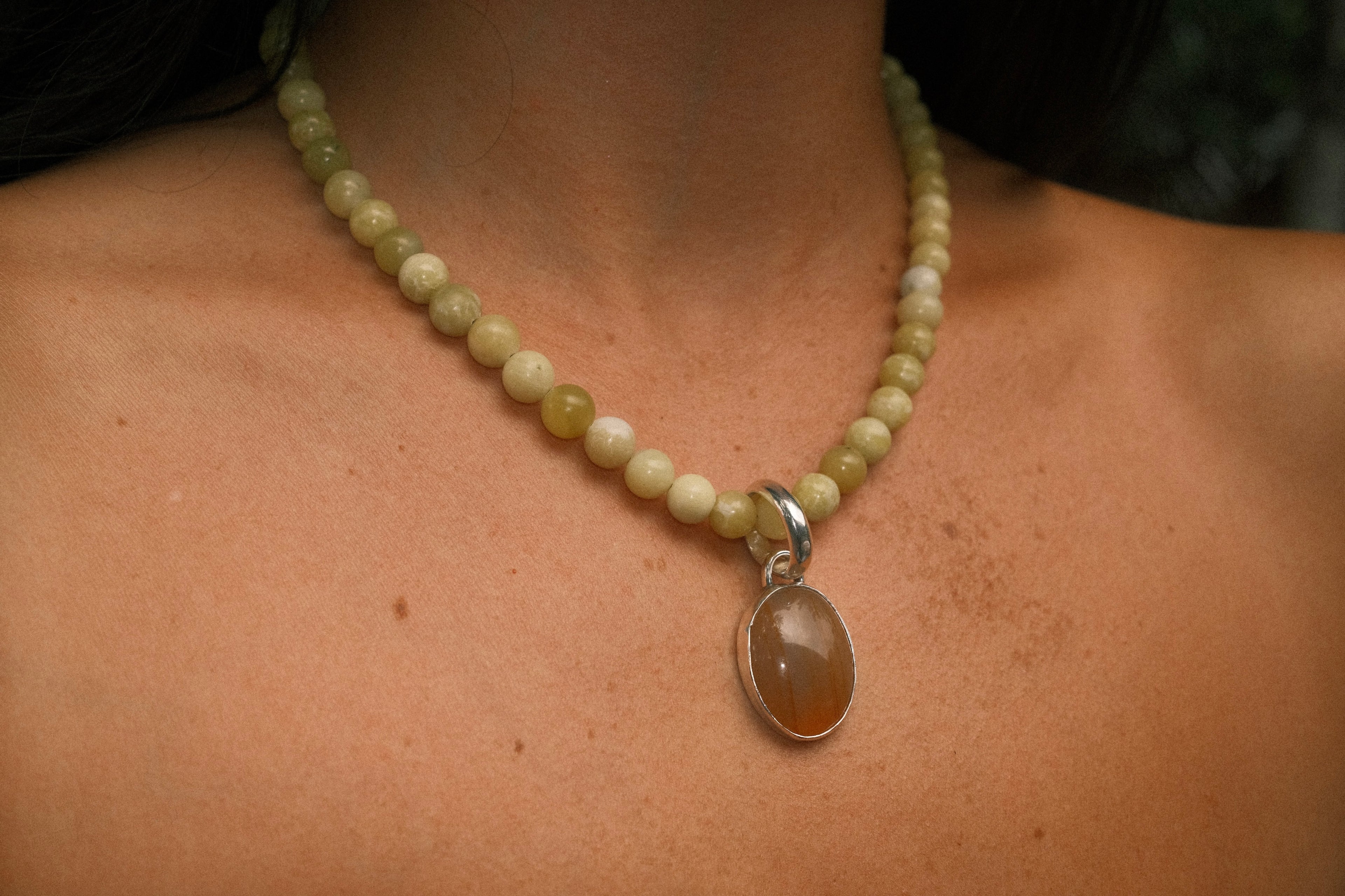 Jade Beaded Necklace with Yellow Agate Pendant