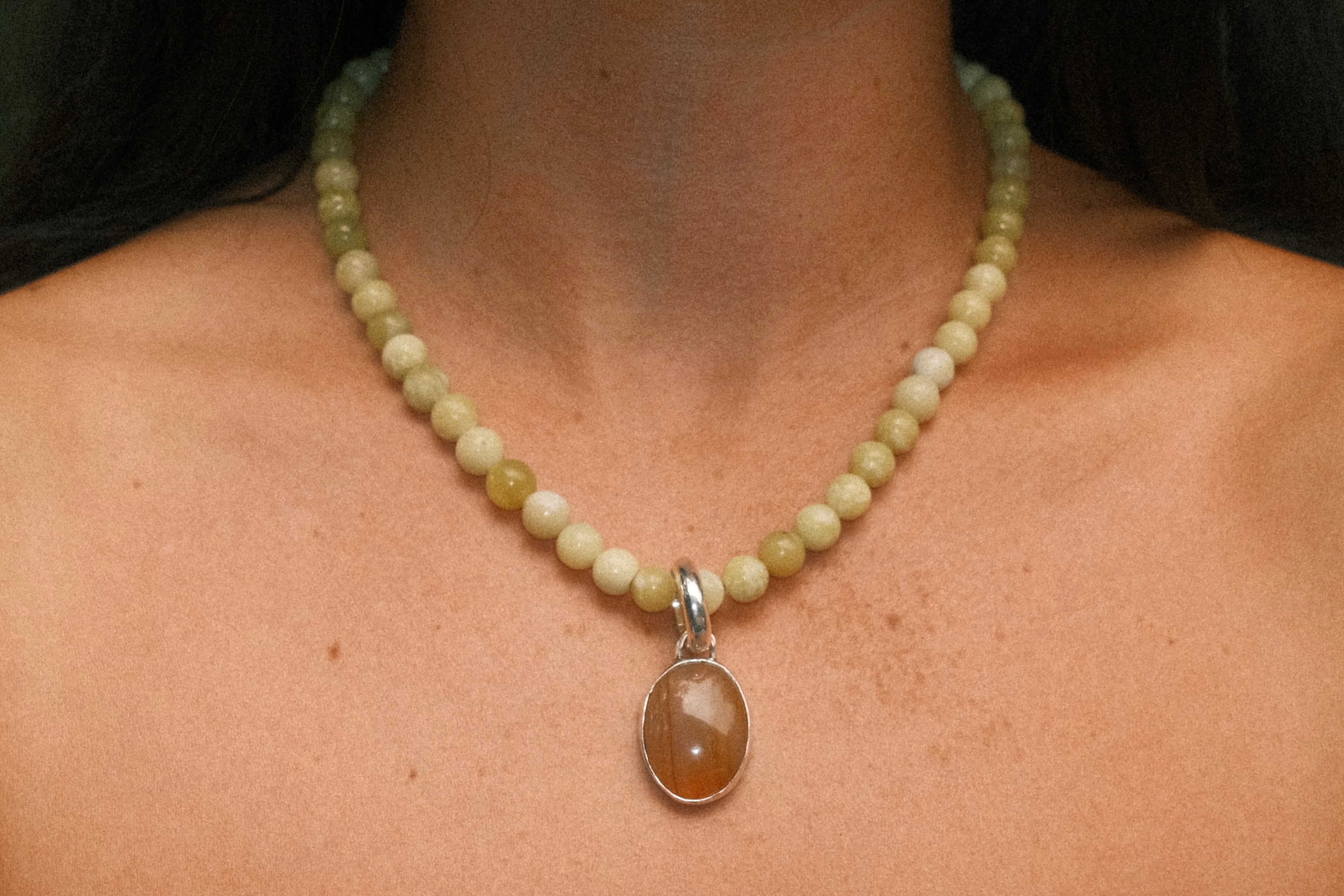 Jade Beaded Necklace with Yellow Agate Pendant